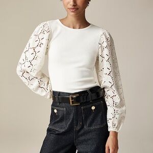 ⚡️NWOT J. Crew Vintage Rib Top with Cotton Poplin Eyelet Sleeves size Small